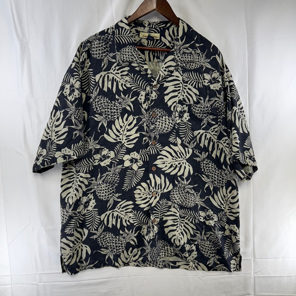 Tommy Bahama Button Up Shirt Mens XL Black Tan Silk Pineapple Floral Tropical